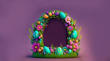 3D Render of Colorful Flowers, Leaves With Eggs Decorative Oval Arch Against Purple Background And Copy Space. Happy Easter Concept. photo