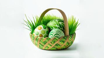 3d hacer de verde impreso huevos dentro césped cesta y Copiar espacio. contento Pascua de Resurrección concepto. foto