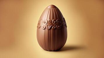 3D Render of Chocolate Floral Egg Against Golden Background And Copy Space. Happy Easter Concept. photo