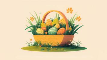 Illustration of Colorful Floral Easter Eggs Basket On Grass Against Cosmic Latte Background And Copy Space. Happy Easter Day Concept. photo