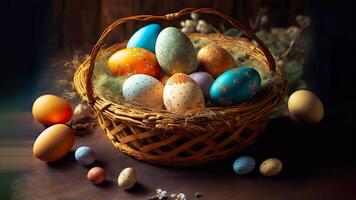 3D Render of Glowing Colorful Easter Eggs Basket on Brown Wooden Texture Background And Copy Space. Happy Easter Day Concept. photo