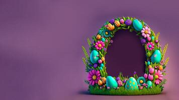 3d hacer de vistoso flores, hojas con huevos decorativo oval arco en contra púrpura antecedentes y Copiar espacio. contento Pascua de Resurrección concepto. foto