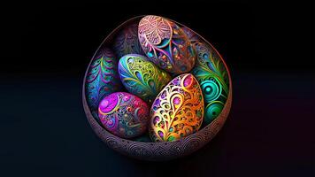 3D Render of Colorful Cloisonne Easter Eggs Bowl On Black Background And Copy Space. Happy Easter Concept. photo