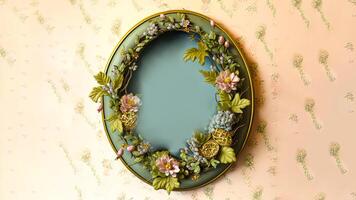 3D Render of Floral Oval Frame Against Grunge Leaves Peach Background And Copy Space. photo