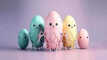 3D Render of Robotic Egg Shapes On Pastel Purple Background. Happy Easter Day Concept. photo