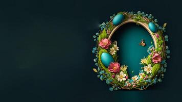 3D Render Of Colorful Eggs, Flowers Decorative Wreath With Butterfly Character On Teal Background And Copy Space. photo