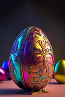 3D Render Of Glowing Colorful Floral Easter Eggs And Copy Space. Happy Easter Concept. photo