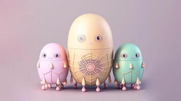 3D Render Of Egg Shape Robots Characters Against Purple Background And Copy Space. Easter Day Concept. photo