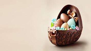 3D Render of Colorful Egg Shapes With Flowers Inside Open Box With Brown Silk Ribbon Against Cosmic Latte Background. Happy Easter Day Concept. photo