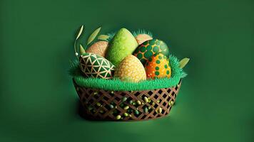 3D Render of Colorful Printed Eggs Inside Grass Basket On Green Background And Copy Space. Happy Easter Concept. photo