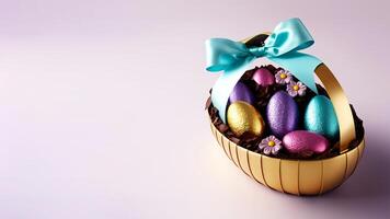 3D Render of Colorful Egg Shapes, Flowers inside Basket With Turquoise Silk Bow Ribbon On Pastel Pink Background And Copy Space. Happy Easter Day Concept. photo