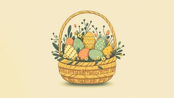 Doddle Style Easter Eggs Inside Floral Basket Against Pastel Yellow Background And Copy Space. Happy Easter Day Concept. photo