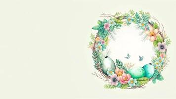 plano estilo vistoso huevos en floral circular marco con volador pájaro personaje en contra cósmico latté antecedentes y Copiar espacio. foto