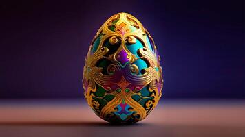 3D Render of Colorful Paper Floral Egg On Brown And Purple Background And Copy Space. photo