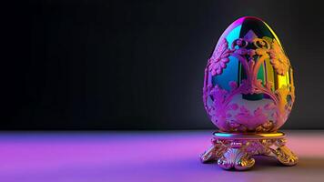 3D Render of Shiny Colorful Floral Easter Eggs Stand or Pedestal Against Pink And Black Background. Happy Easter Concept. photo