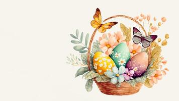 Illustration of Floral Easter Egg Basket With Butterfly Characters And Copy Space. Happy Easter Day Concept. photo