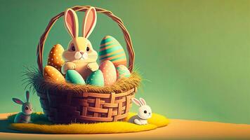 3D Render of Cute Baby Rabbits Or Bunnies Characters With Printed Eggs Basket On Grass And Copy Space. Happy Easter Background. photo