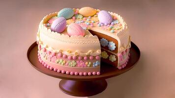3D Render of Soft Color Flowers And Easter Eggs Decorative Cake on Pastel Pink Background And Copy Space. Easter Celebration Concept. photo