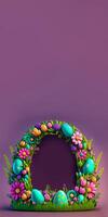 3d hacer de vistoso flores, hojas con huevos decorativo oval arco en contra púrpura antecedentes y Copiar espacio. contento Pascua de Resurrección concepto. foto