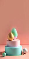 3D Render Of Soft Color Eggs On Circular Podium Against Pastel Pink Background And Copy Space. Happy Easer Day Concept. photo