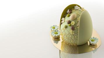 3D Render Of Olive Green Flowers Decoraive Egg And Copy Space. Easter Concept. photo