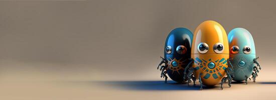 3D Render Of Scary Egg Shape Robots Characters Against Brown Background And Copy Space. photo