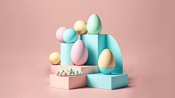 3d hacer de suave color huevos con gometrico formas o podio y Copiar espacio. contento Pascua de Resurrección día concepto. foto