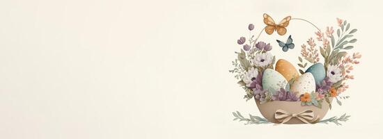 Illustration of Floral Egg Basket With Butterfly Character And Copy Space. Happy Easter Day Concept. photo