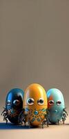 3D Render Of Scary Egg Shape Robots Characters Against Brown Background And Copy Space. photo