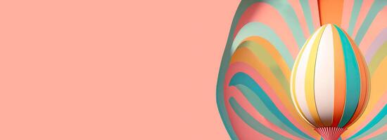 3D Render Of Colorful Strip Easter Egg Shape Pedestal Or Stand And Copy Space. Easter Day Concept. photo