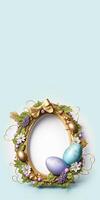 3D Render Of Colorful Eggs, Flowers Decorative Wreath With Golden Silk Bow Ribbon On Pastel Blue Background And Copy Space. photo