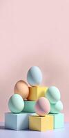 3D Render of Soft Color Eggs On Podium And Copy Space. Happy Easter Day Concept. photo