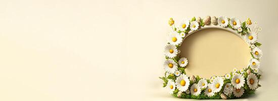 3d hacer de blanco margarita flores, hojas con huevo decorativo oval marco en contra pastel amarillo antecedentes y Copiar espacio. foto