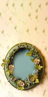 3D Render of Floral Oval Frame Against Grunge Leaves Peach Background And Copy Space. photo