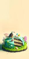 3D Render of Nature Cake Decorative With Cute Bird Character, Eggs And Flowers. photo