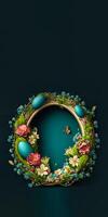 3d hacer de vistoso huevos, flores decorativo guirnalda con mariposa personaje en verde azulado antecedentes y Copiar espacio. foto