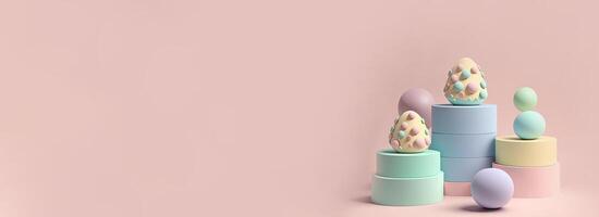 3D Render Of Pastel Color Eggs On Circular Podium Against Pastel Pink Background And Copy Space. Happy Easer Day Concept. photo