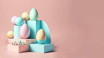 3D Render of Soft Color Eggs With Gometric Shapes O Podium And Copy Space. Happy Easter Day Concept. photo
