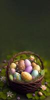 3D Render Of Colorful Easter Egg Basket On Flowers And Leaves Background And Copy Space. photo