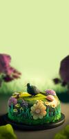 3D Render of Cute Bird Character Standing With Egg On Circle Flower Landscape Against Blur Green Background And Copy Space. Easter Day Concept. photo