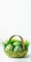 3D Render of Green Printed Eggs Inside Grass Basket And Copy Space. Happy Easter Concept. photo