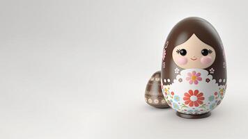 3D Render of Matryoshka Doll With Easter Egg Against Grey Background And Copy Space. Happy Easter Day Concept. photo