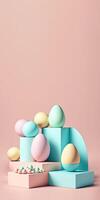 3D Render of Soft Color Eggs With Gometric Shapes O Podium And Copy Space. Happy Easter Day Concept. photo