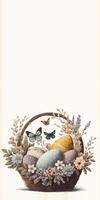 Illustration of Butterfly With Bird Characters With Egg Inside Floral Basket Against Cosmic Latte Background And Copy Space. Happy Easter Day Concept. photo