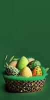 3D Render of Green Printed Eggs Inside Grass Basket And Copy Space On Green Background. Happy Easter Concept. photo