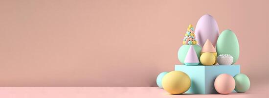 3D Render of Soft Color Eggs With Gometric Shapes O Podium And Copy Space. Happy Easter Day Concept. photo