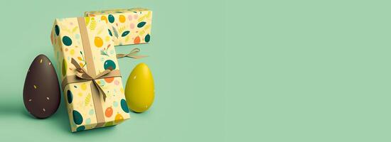 3D Render of Brown And Yellow Easter Eggs With Floral Wrap Gift Boxes on Pastel Green Background And Copy Space. Easter Day Celebration Concept. photo