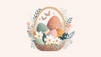 Illustration of Floral Egg Basket With Butterfly Character And Copy Space. Happy Easter Day Concept. photo