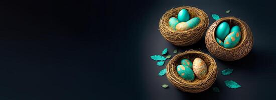 3D Render of Three Easter Eggs Nests With Leaves On Dark Teal Background And Copy Space. Happy Easter Day Concept. photo