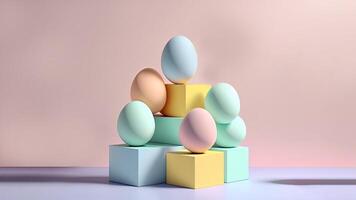 3D Render of Soft Color Eggs On Podium And Copy Space. Happy Easter Day Concept. photo